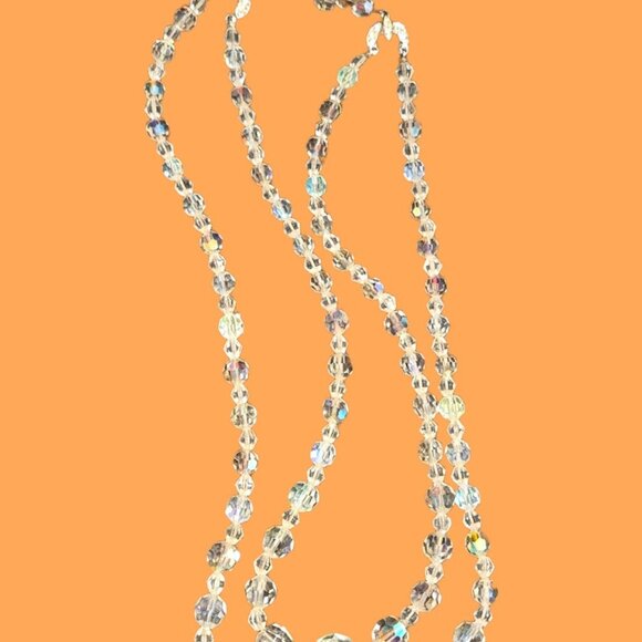 VINTAGE AB CRYSTAL 2 STRAND NECKLACE  17 IN & 18 IN PLUS EXTENSION CHAIN W HOOK - Picture 4 of 5